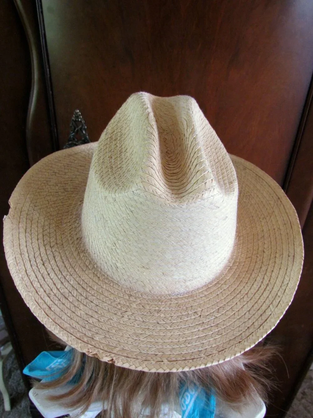 COWGIRL HAT & BANDANA, S, STAY-ON TYPE, BLONDE STRAW; TURQUOISE SCARF, FESTIVAL - Picture 6 of 8